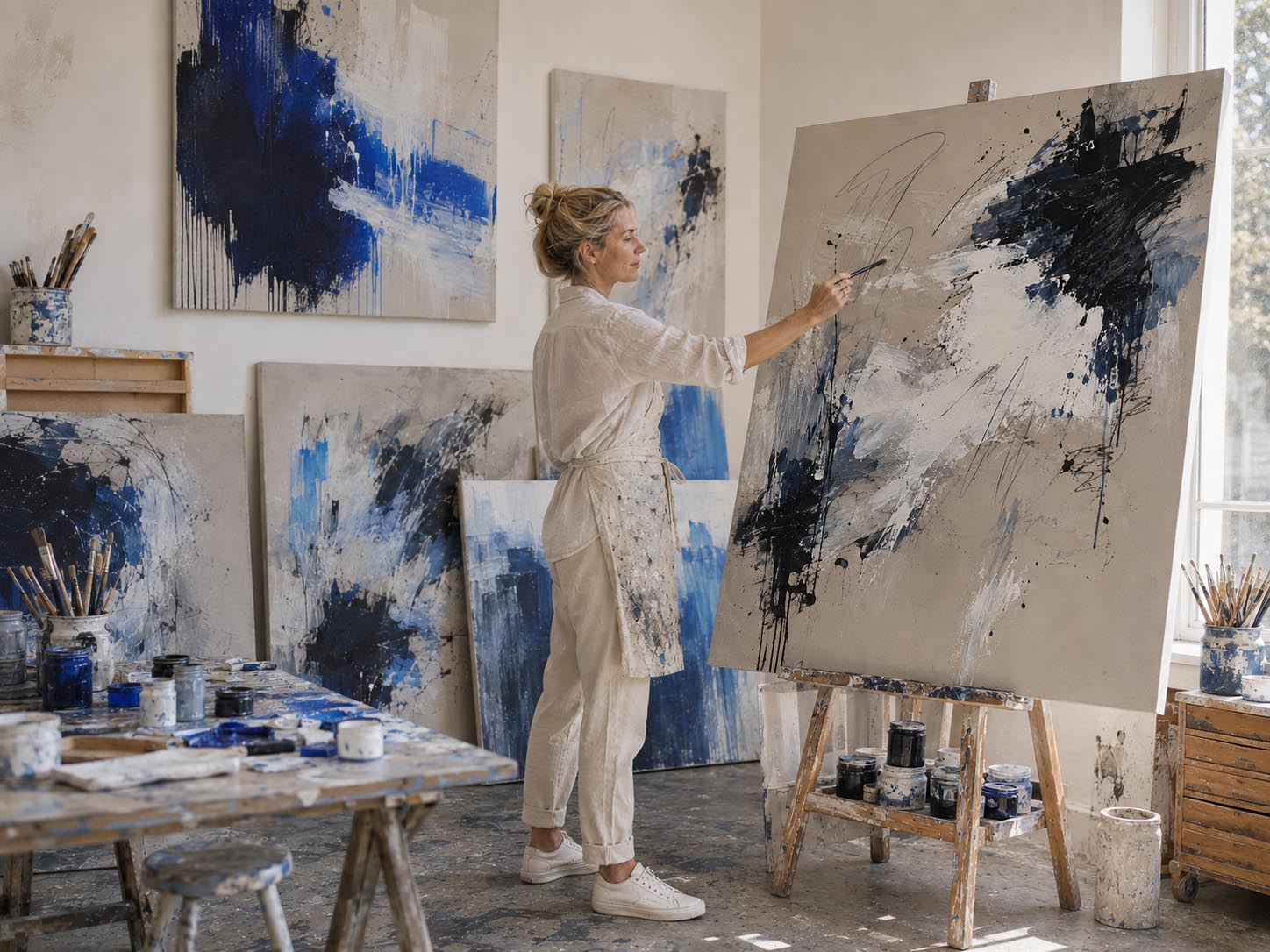 A woman in a white painter's outfit stands in a studio, painting on a large canvas mounted on an easel. Multiple abstract blue, white, and black paintings are displayed on the walls and tables around her, with paintbrushes, cans, and studio supplies visible.