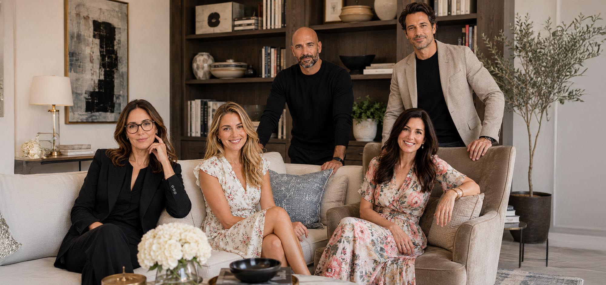 Four people posing together in a stylishly decorated living room. Three women are seated on a beige sofa and armchair, and one man stands behind them.