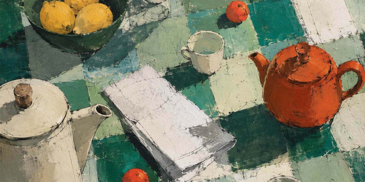 Still life painting of a kitchen table with a red-orange teapot, a white teapot, a white mug, lemons in a green bowl, and small red fruits on a green and white checkered tablecloth.