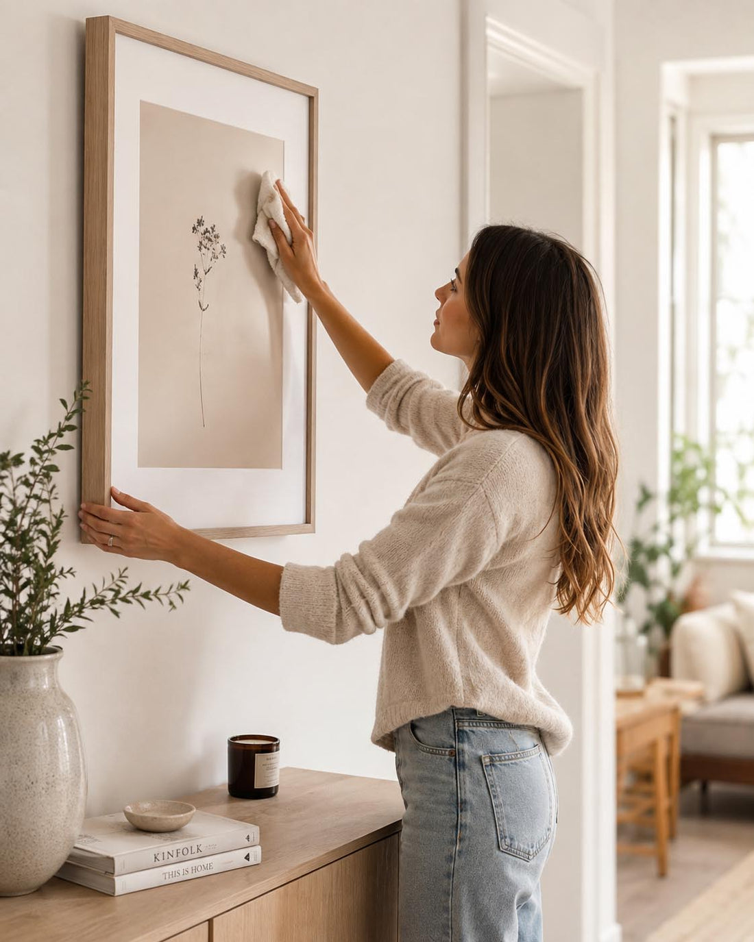 Woman cleaning a framed artwork