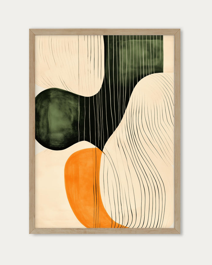 mid century geometric art print with curves and lines in green orange and beige, modern colourful poster.