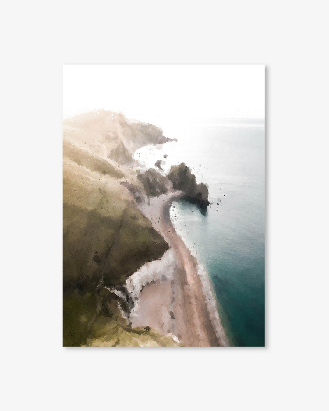 Coastal landscape with cliffs and a path leading to the sea.