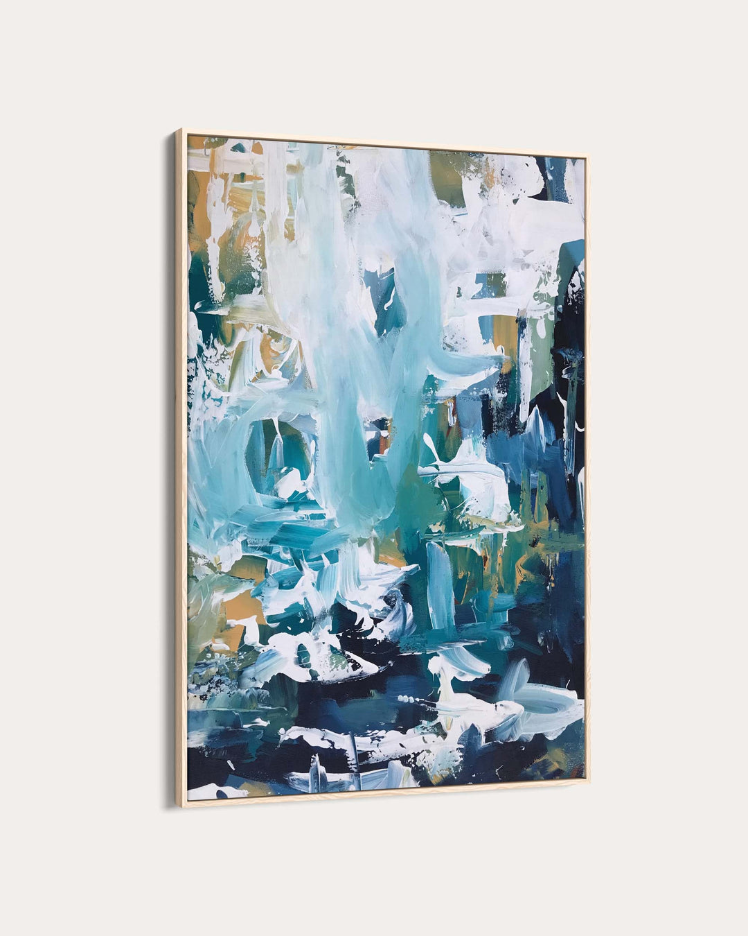 Abstract painting with blue, white, and green colors on a white background