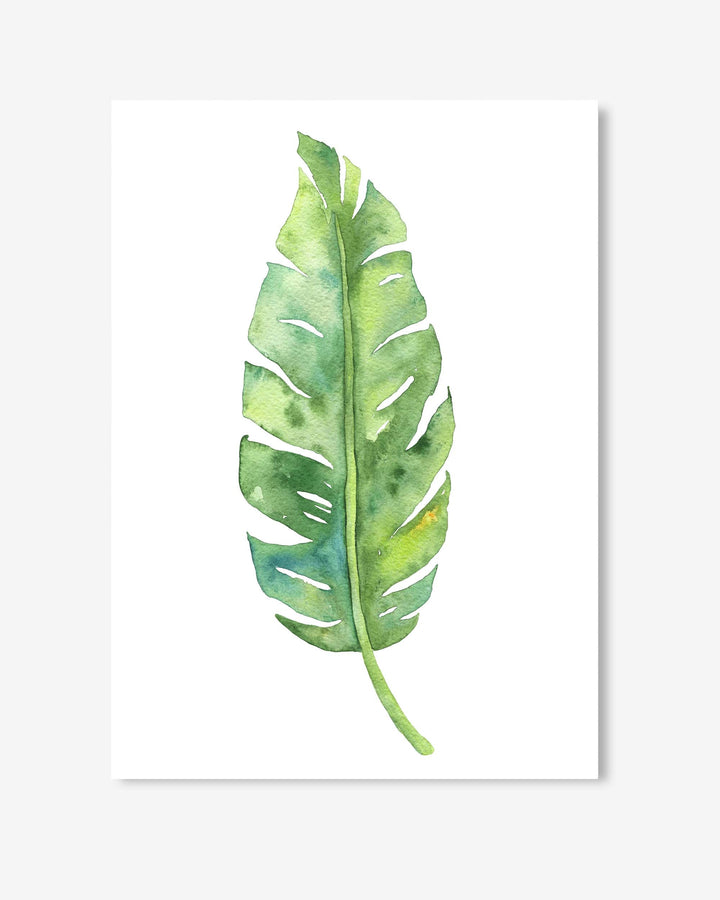 Watercolor painting of a green leaf on a white background