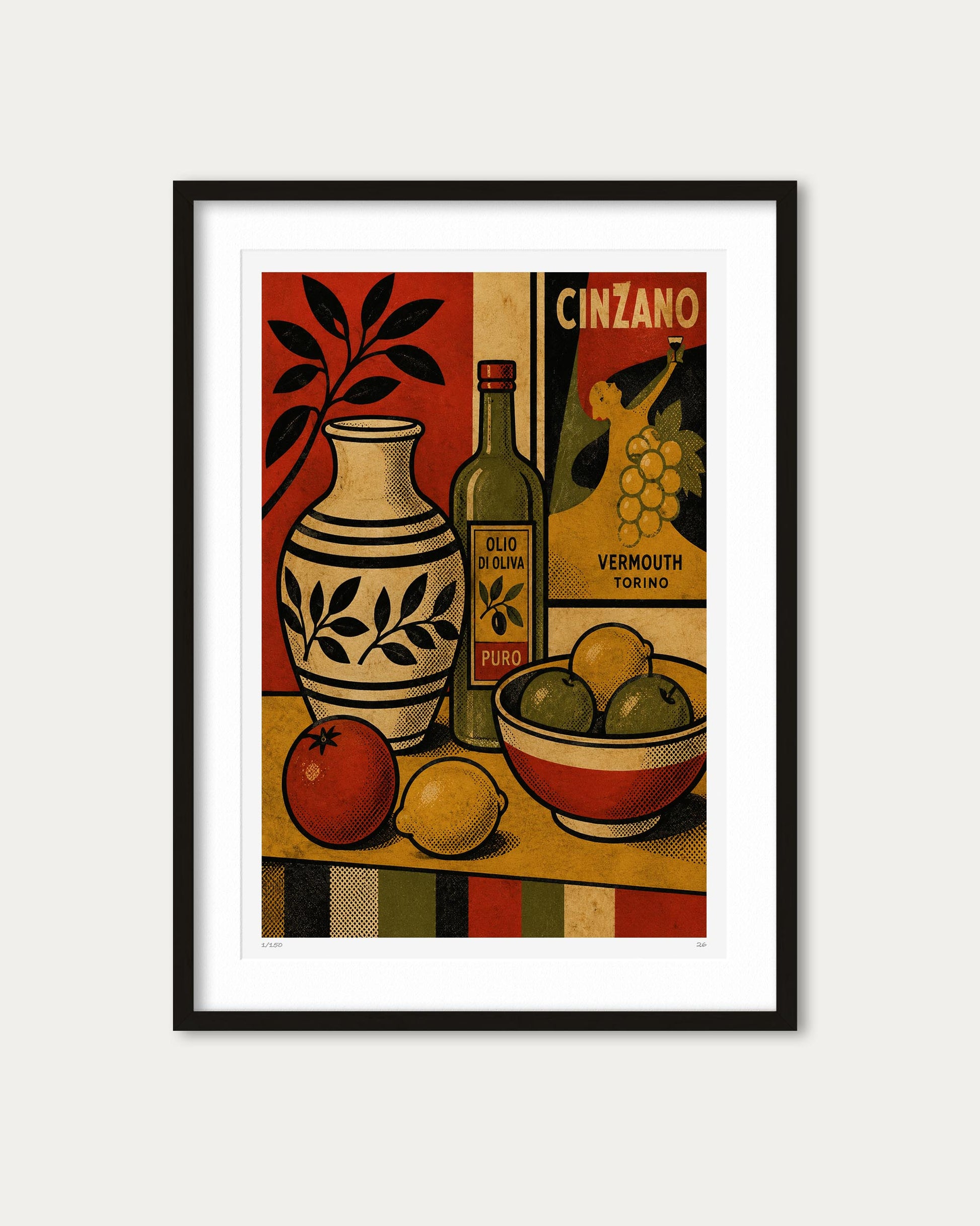 A framed vintage-style still life art print featuring a vase, olive oil bottle, fruit, and a box labeled Cinzano, shown against a light neutral background.