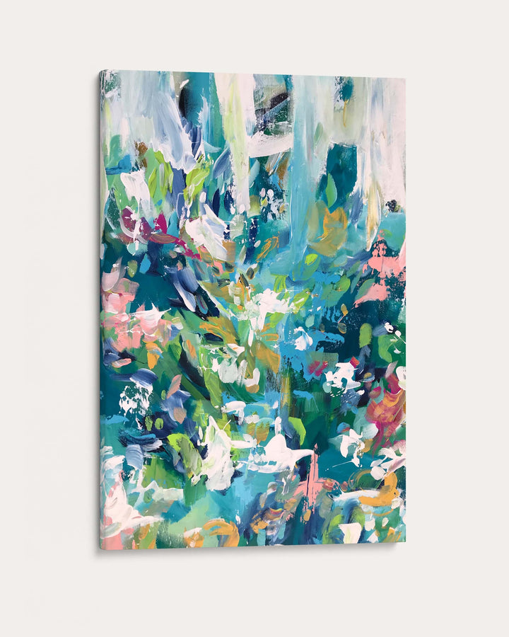 Abstract art print with vibrant colors on a white background