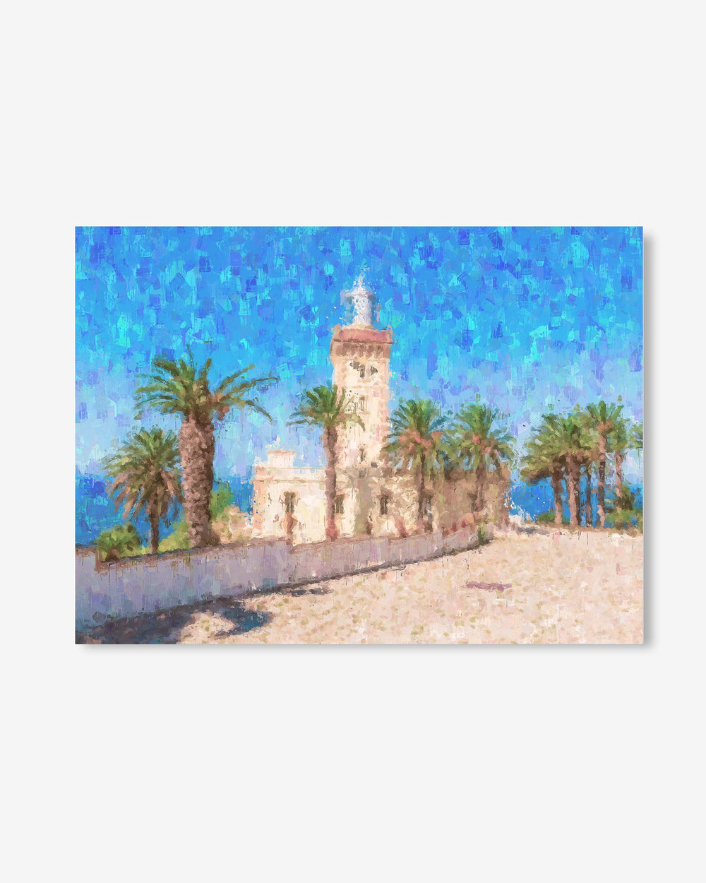 Lighthouse with palm trees against a blue sky