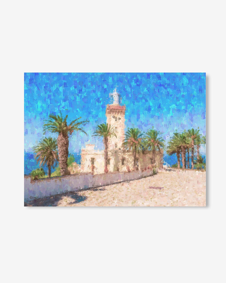 Lighthouse with palm trees against a blue sky