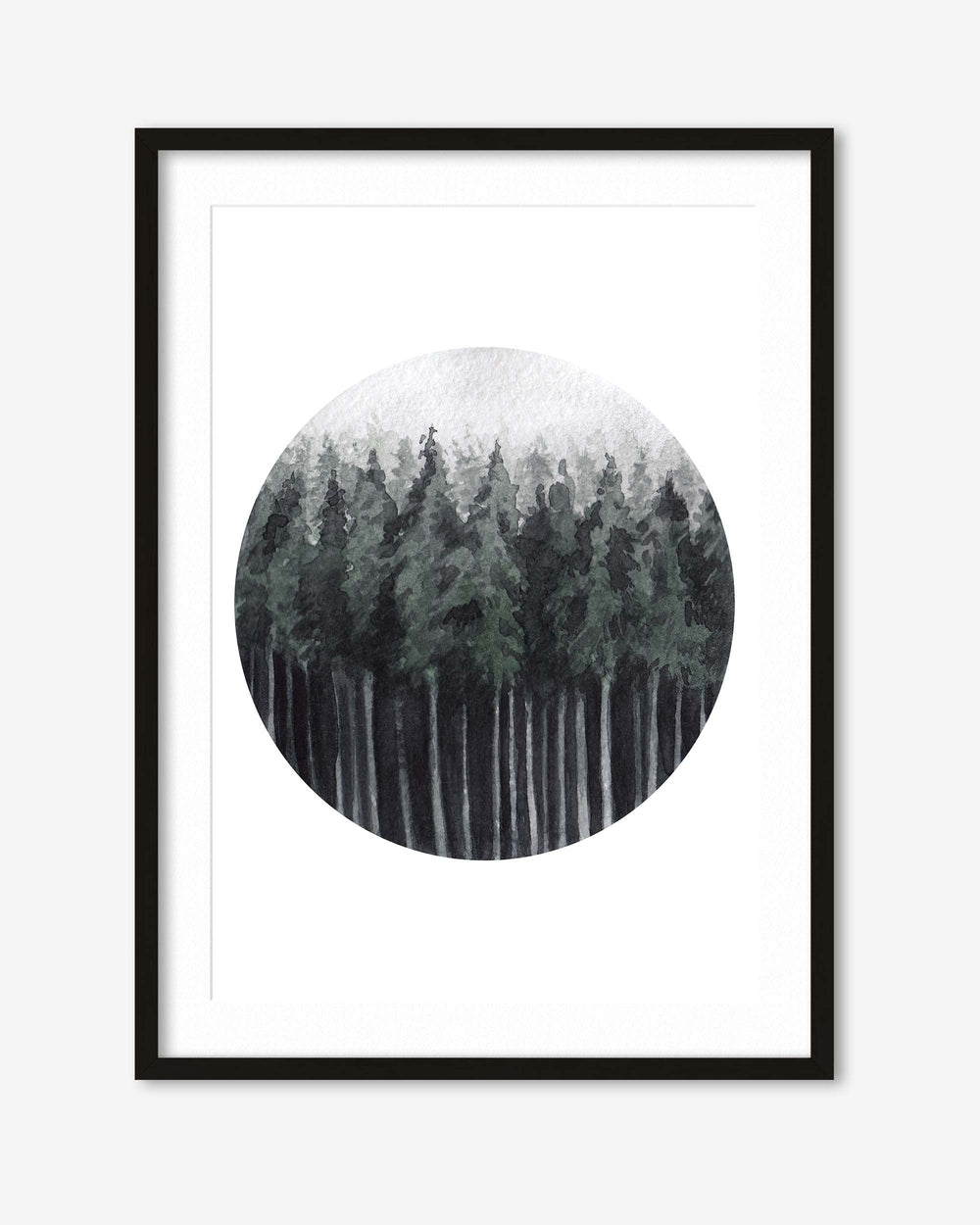 Framed artwork of a forest scene with a circular inset on a white background