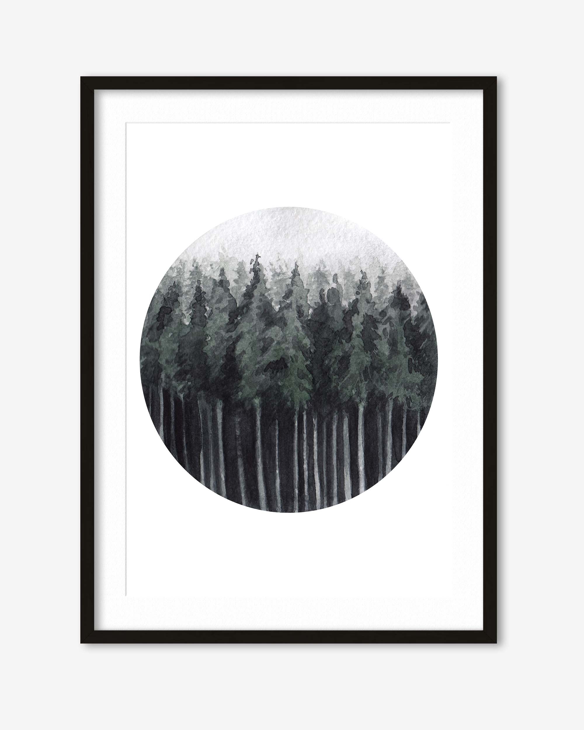 Framed artwork of a forest scene with a circular inset on a white background