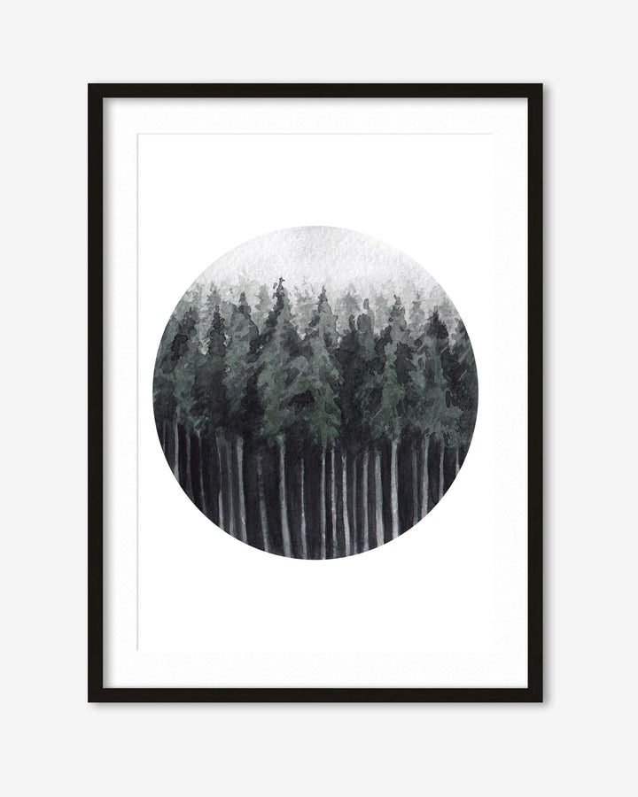 Framed artwork of a forest scene with a circular inset on a white background