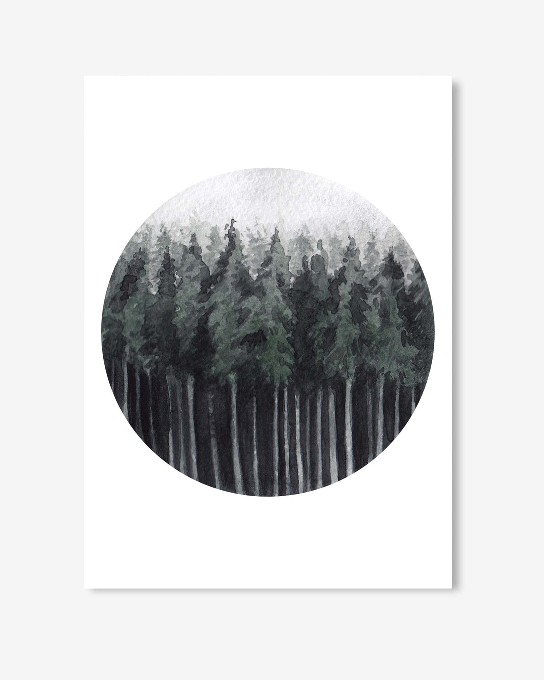 Circular artwork of a forest on a white background