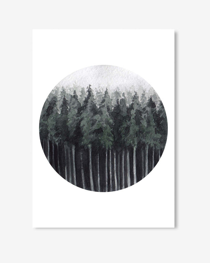 Circular artwork of a forest on a white background