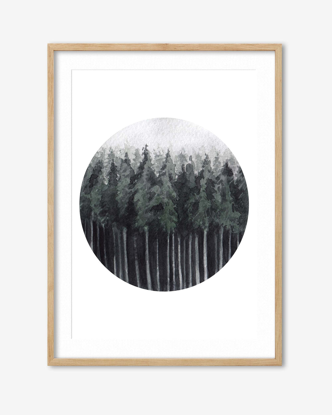 Framed artwork of a snowy forest scene with a circular inset