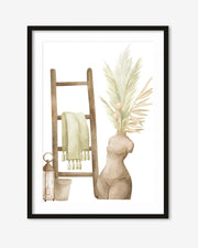 Framed artwork of a ladder, towel, lantern, and abstract sculpture with plant elements on a white background.