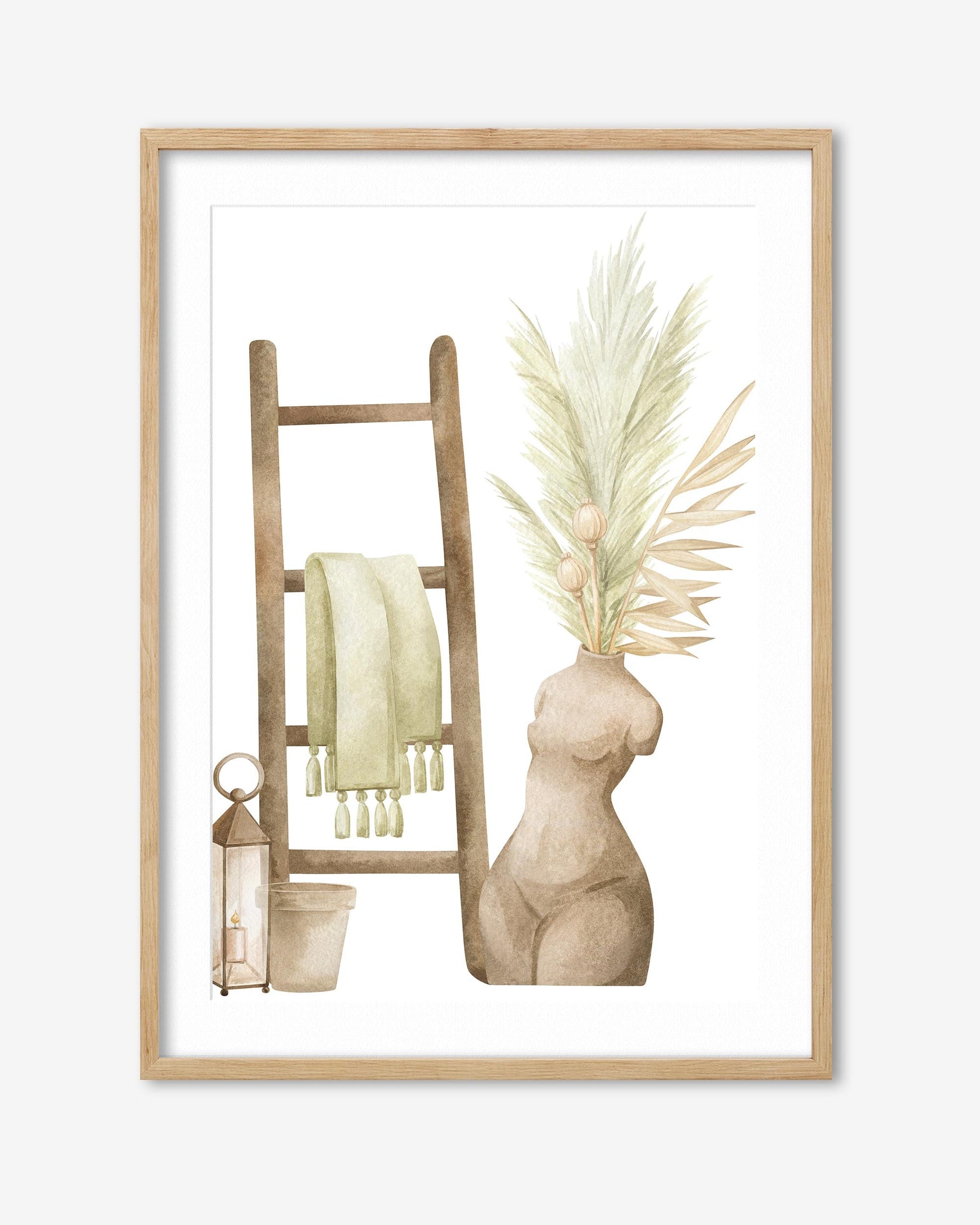 Framed artwork of a ladder with towels, a vase with leaves, and a statue on a white background