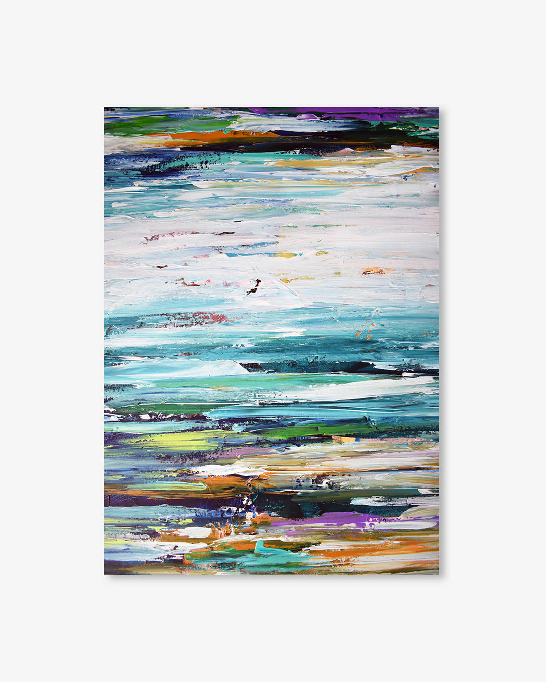 Abstract art print with horizontal stripes in various colors on a white background