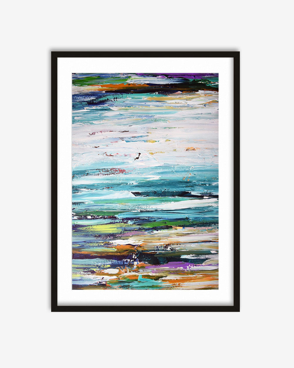 Framed abstract artwork with horizontal stripes in various colors on a white background