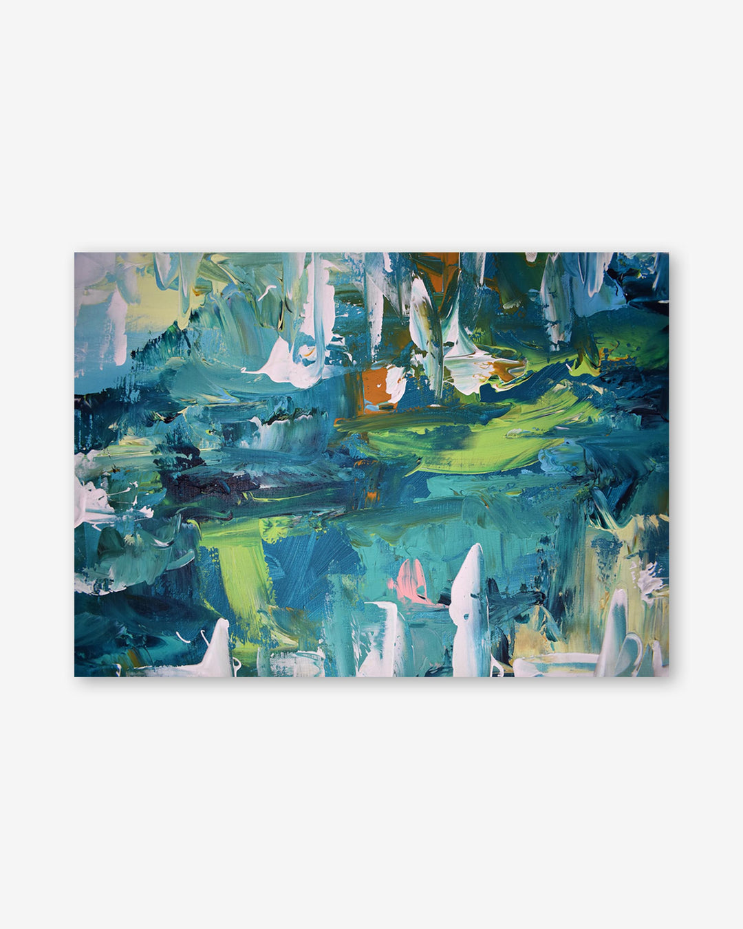 Abstract painting with blue, green, and white colors on a white background