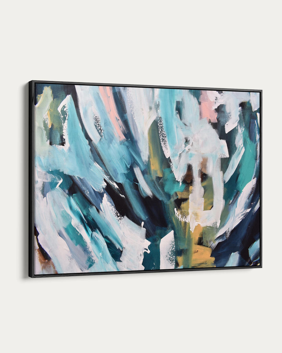 Framed abstract painting with teal, white, and black colors on a white background