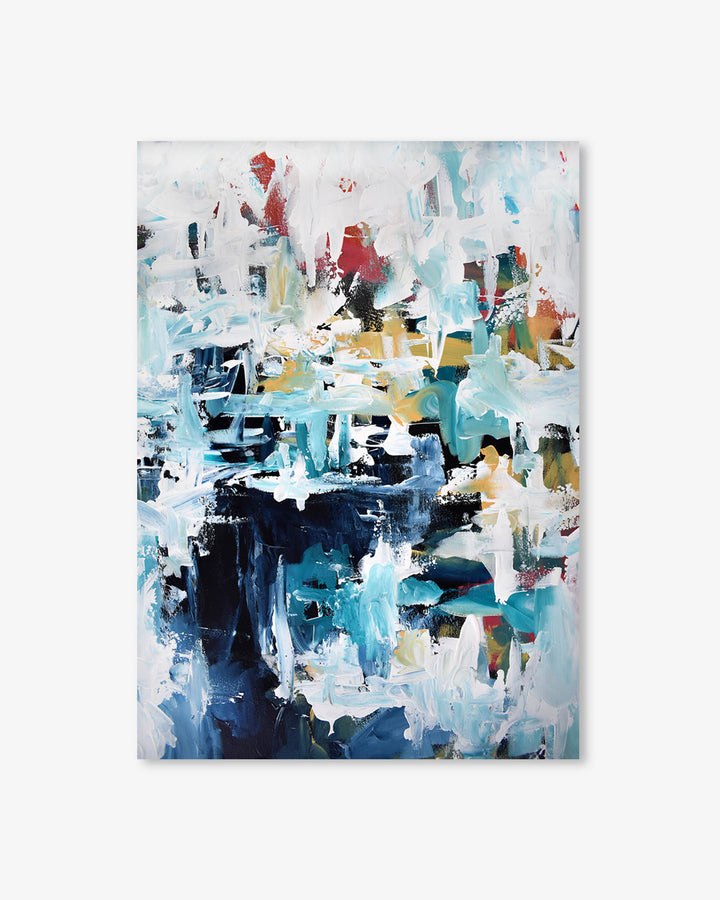 Abstract art print with a mix of blue, white, and multicolor on a white background