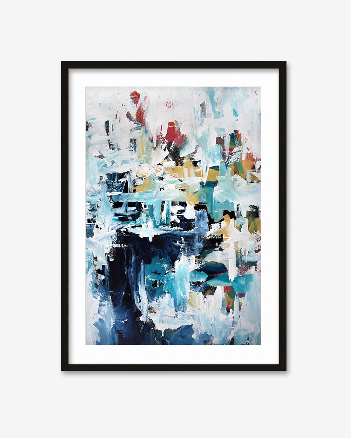 Framed abstract art print with multicolor brush strokes on a white background