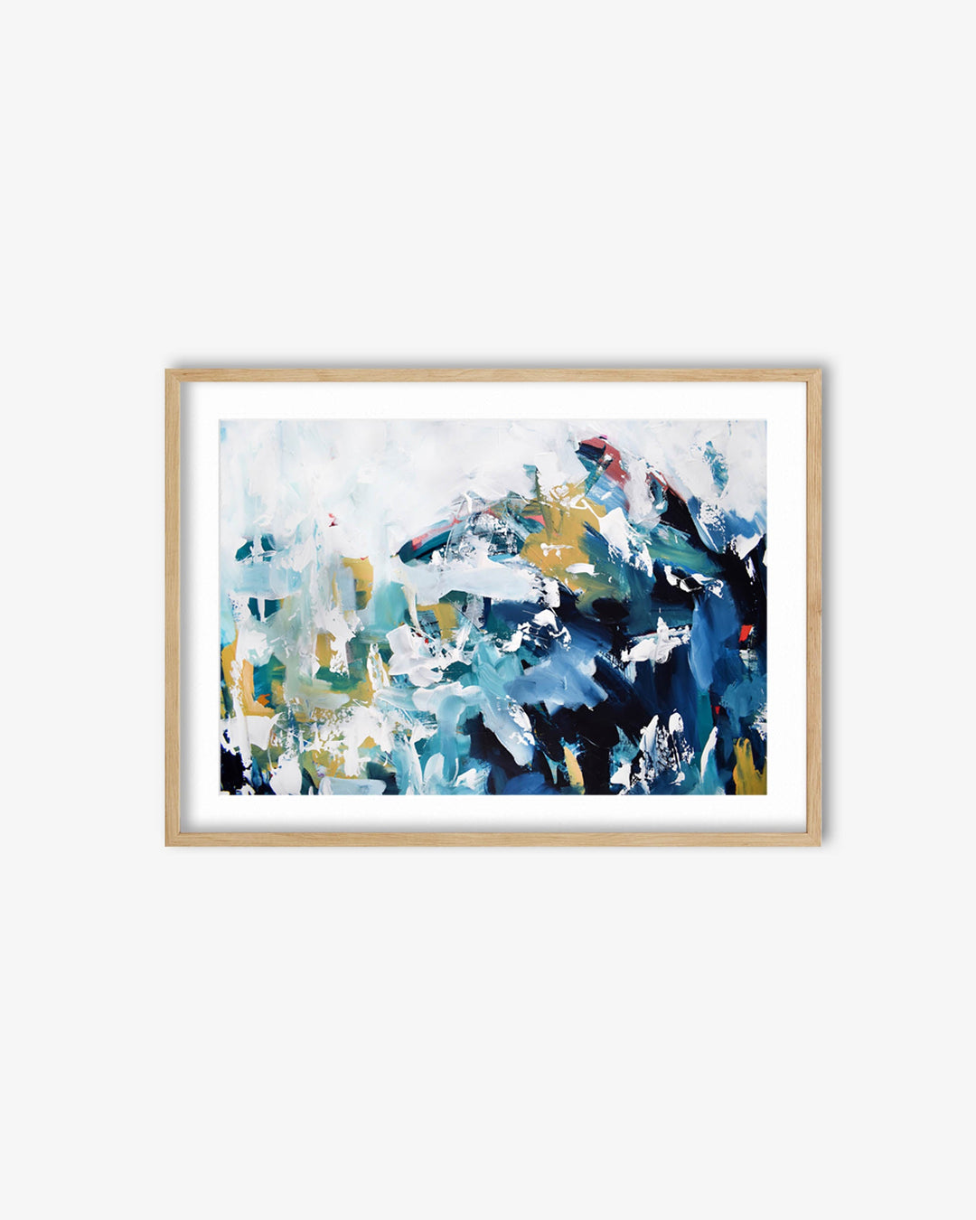 Framed abstract art print with blue and white colors on a white wall