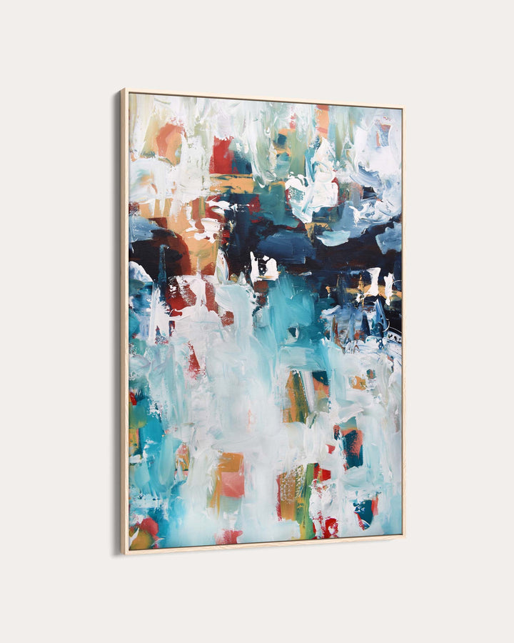 Abstract art painting with a gold frame on a white background