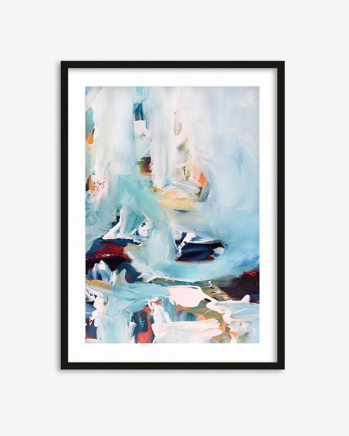 Framed abstract art print with colorful swan design on a white background