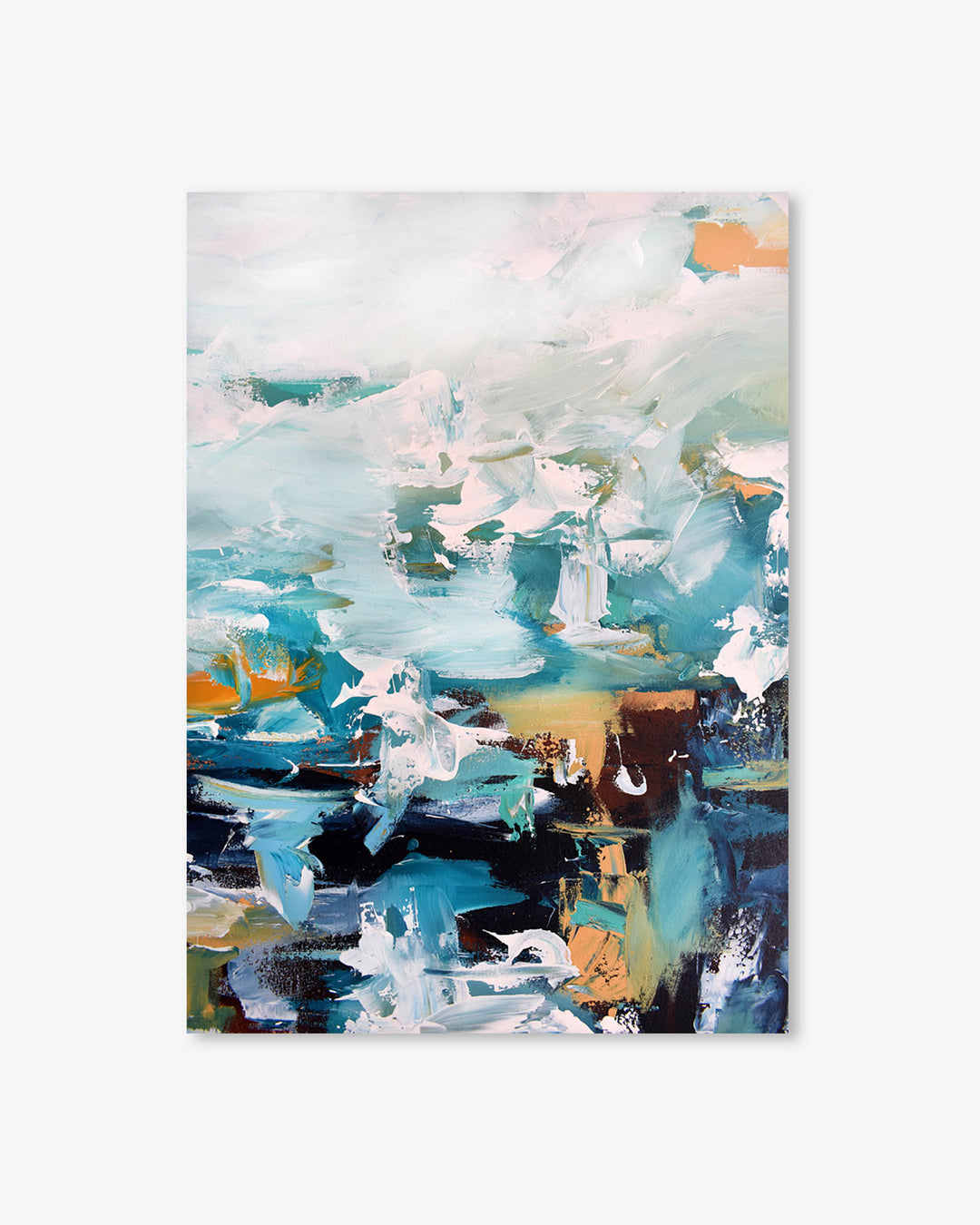 Abstract painting with a mix of blue, white, and orange colors on a white background