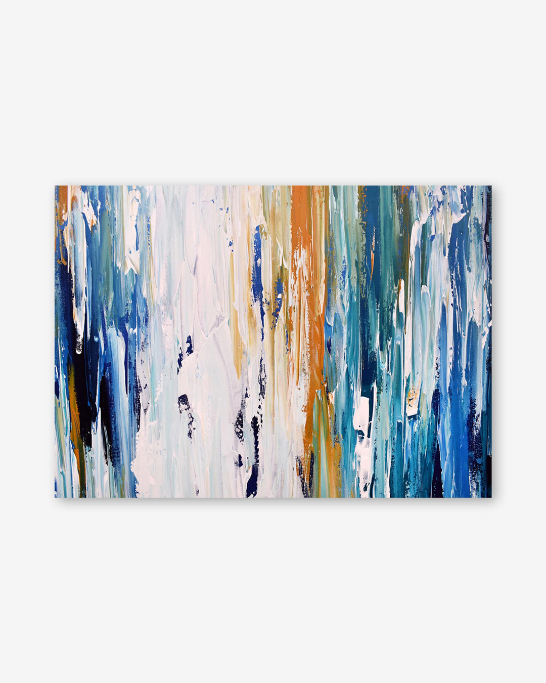 Abstract art painting with horizontal brush strokes in blue, green, and beige on a white background