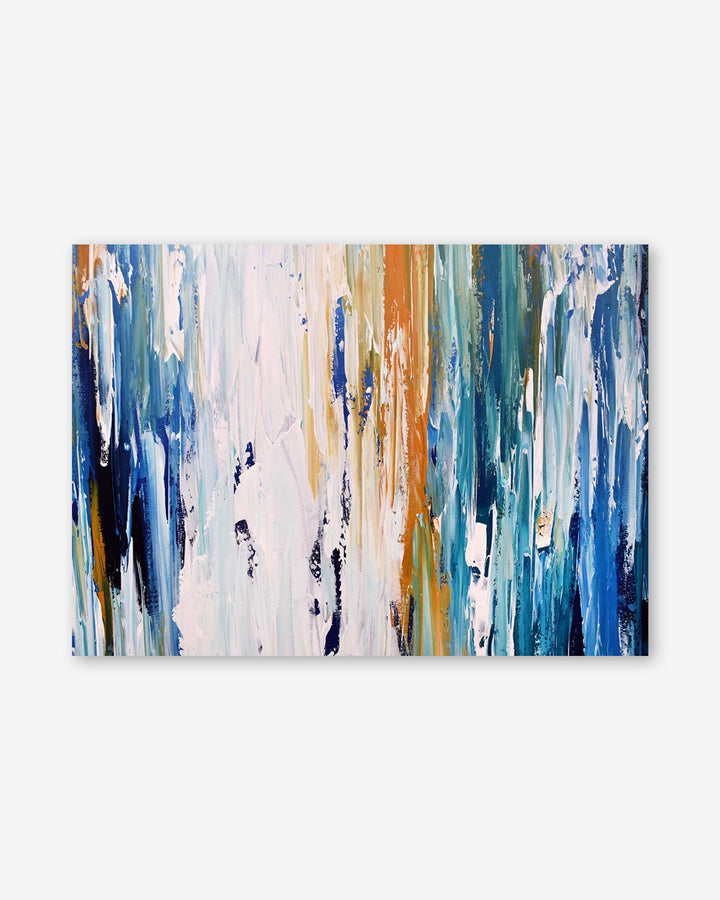 Abstract art painting with horizontal brush strokes in blue, green, and beige on a white background