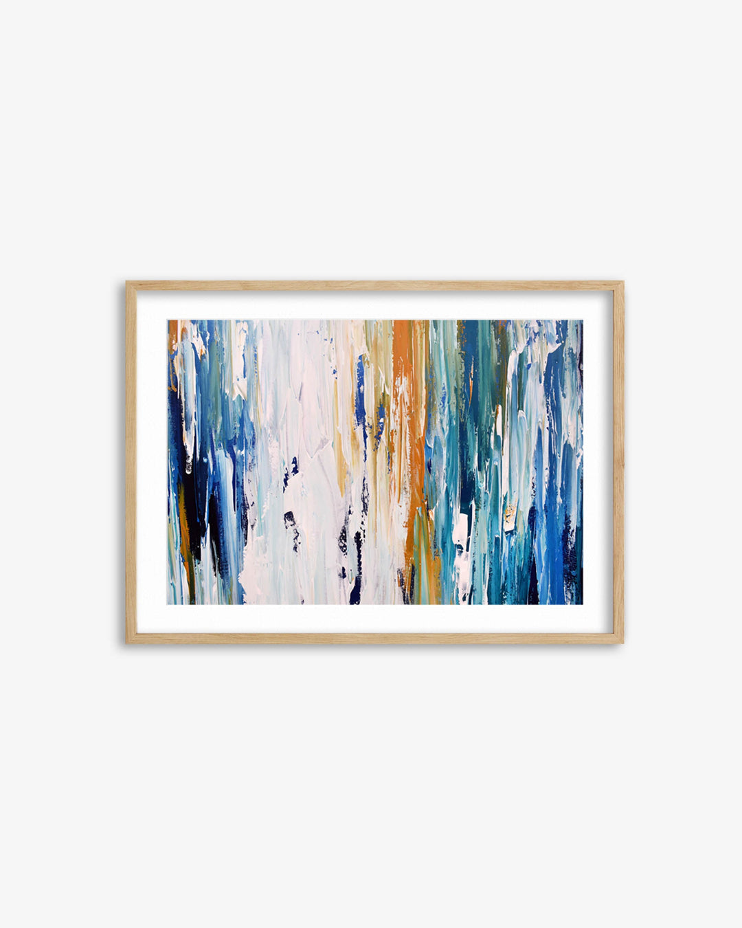 Framed abstract art print with blue and orange brushstrokes on a white background