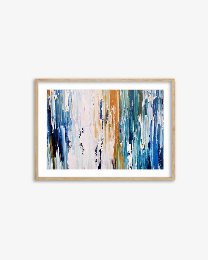 Framed abstract art print with blue and orange brushstrokes on a white background