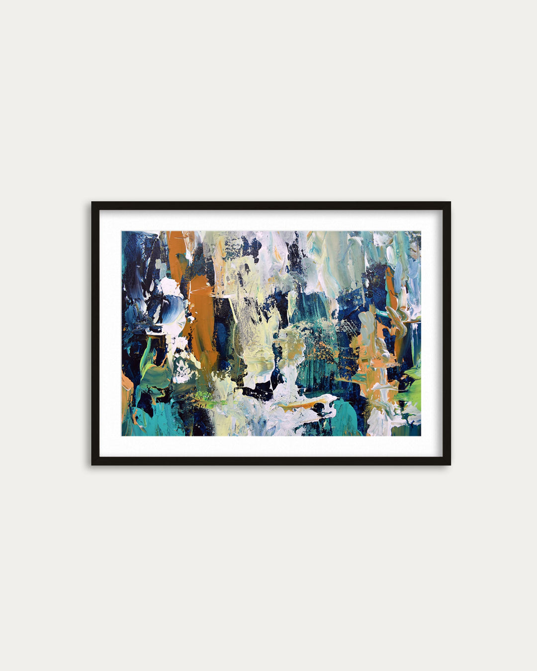 Framed abstract art print on a white wall
