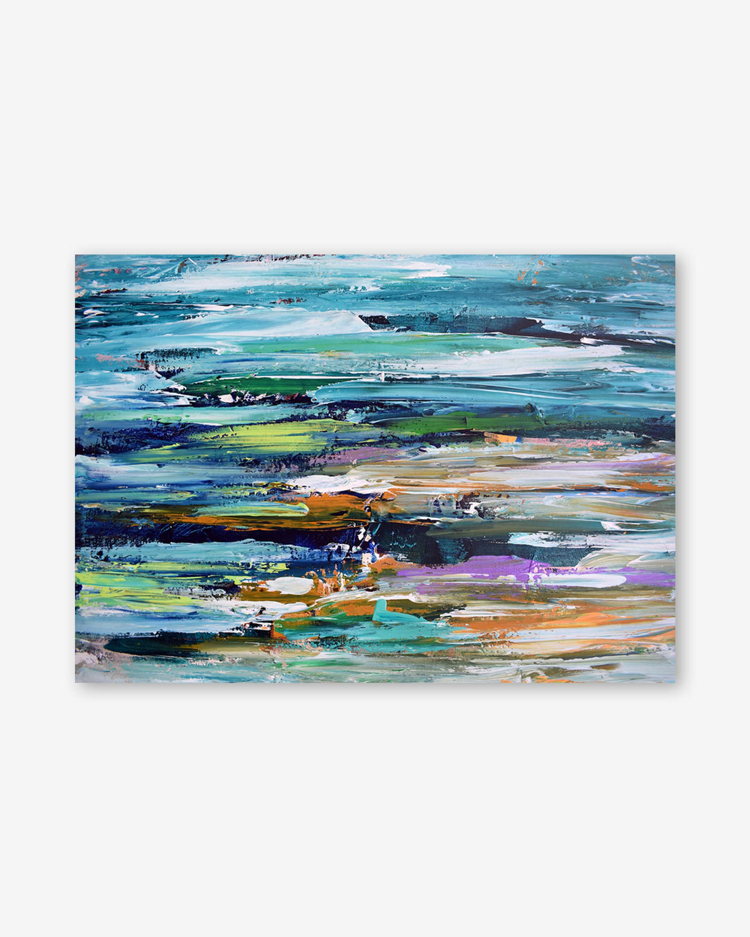 Abstract painting with horizontal brush strokes in various colors on a white background