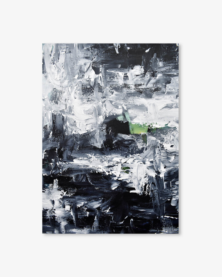 Abstract art print with black, white, and gray brush strokes on a white background