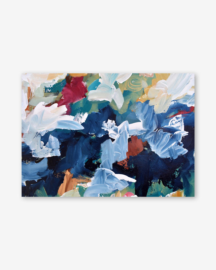 Abstract painting with blue, white, and red flowers on a white background