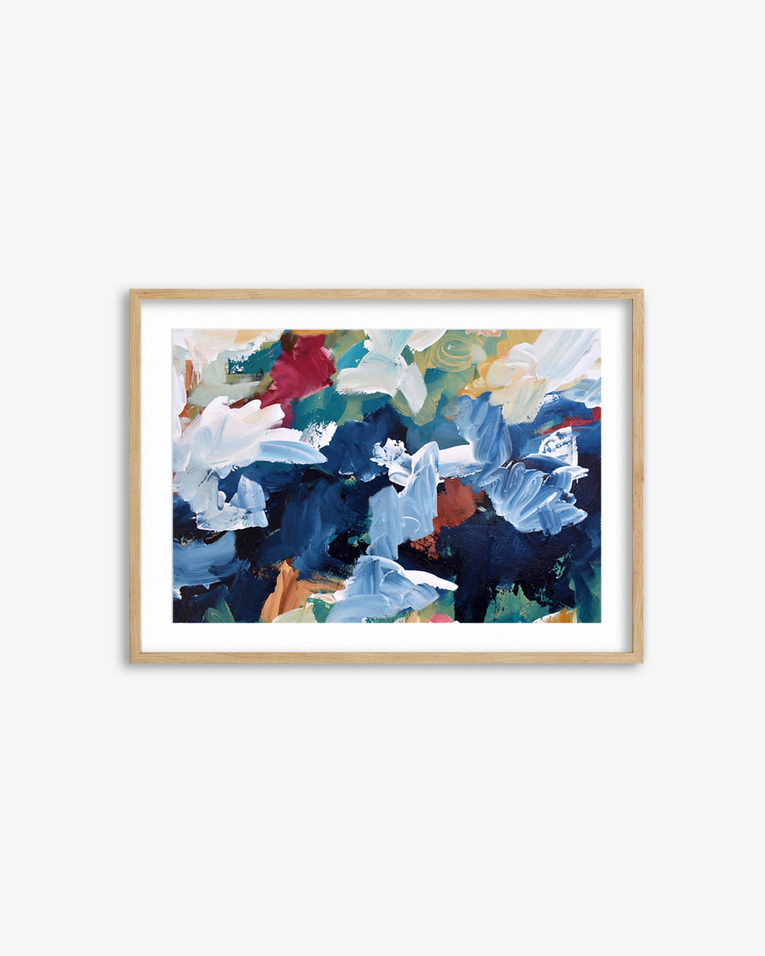 Framed abstract artwork with colorful flowers on a white background