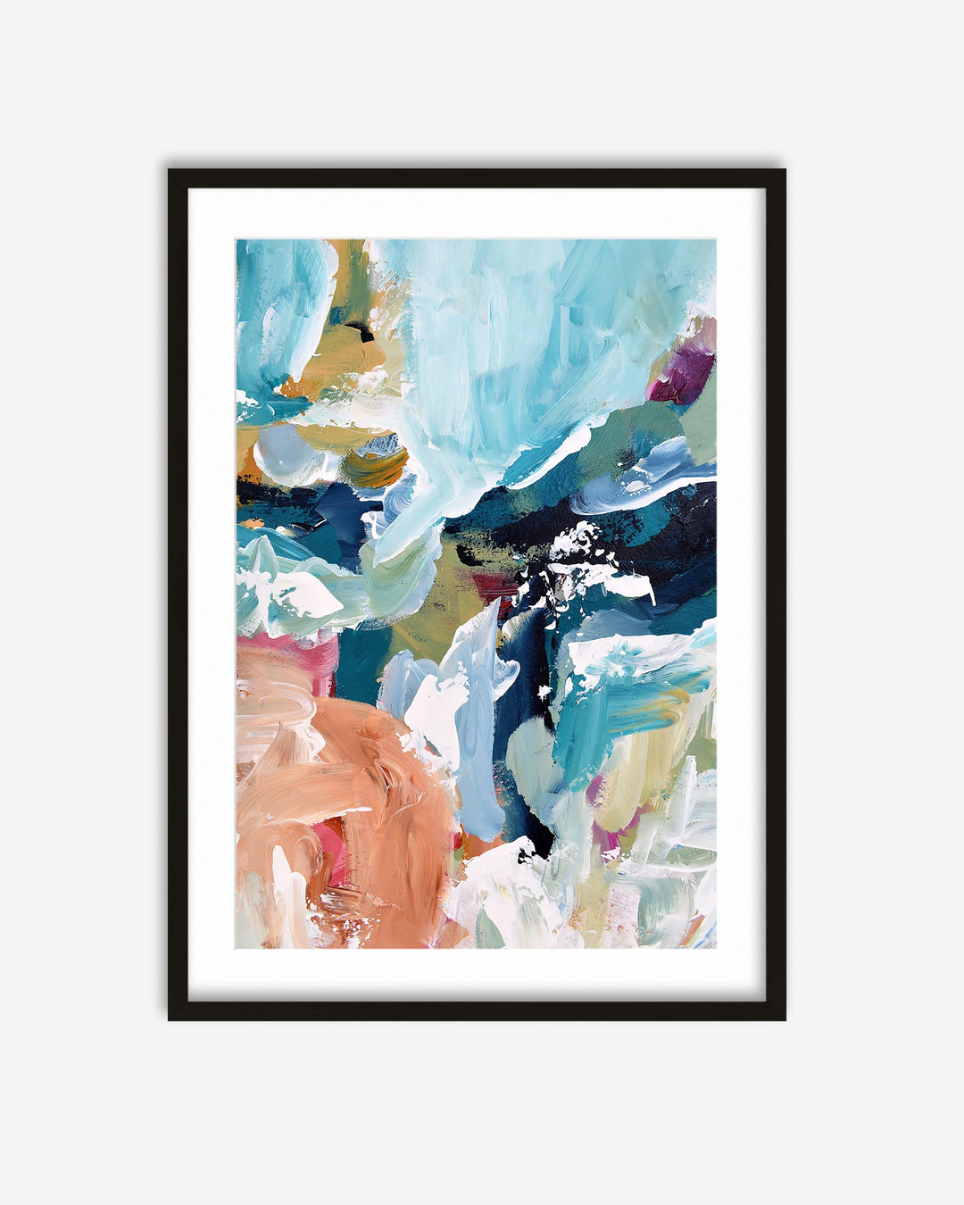 Framed abstract art print with colorful brush strokes on a white background