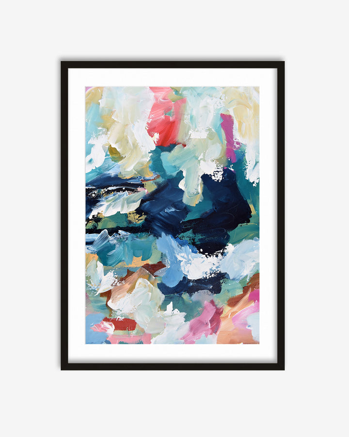 Framed abstract art print with colorful brush strokes on a white background