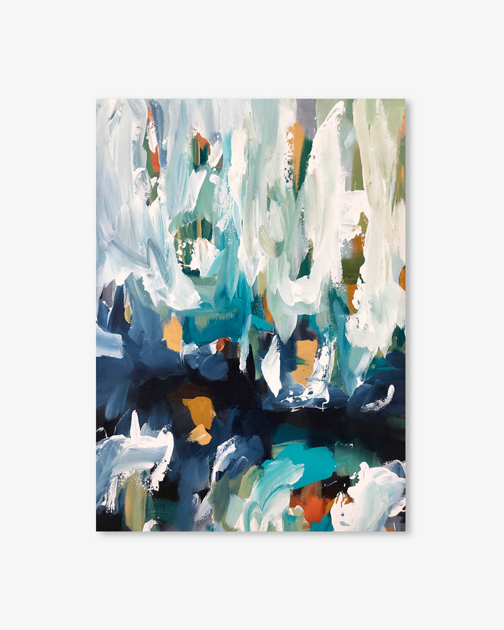 Abstract painting with a mix of blue, white, and orange colors on a light gray background