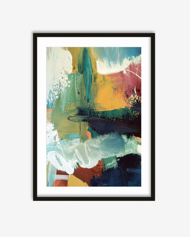 Framed abstract art print with colorful brush strokes on a white background