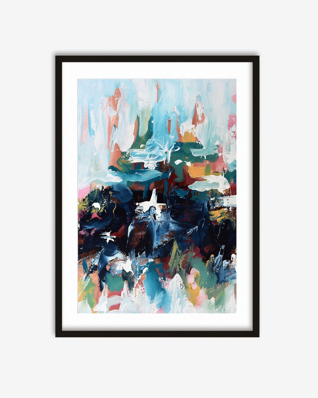 Framed abstract art print with colorful brush strokes on a white background