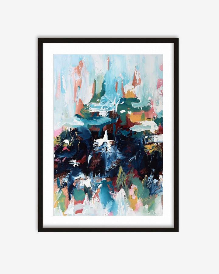 Framed abstract art print with colorful brush strokes on a white background