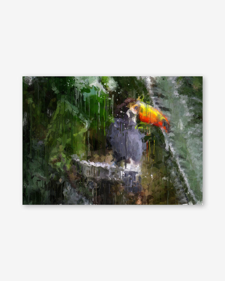 Framed artwork of a colorful parrot perched on a branch with green foliage.