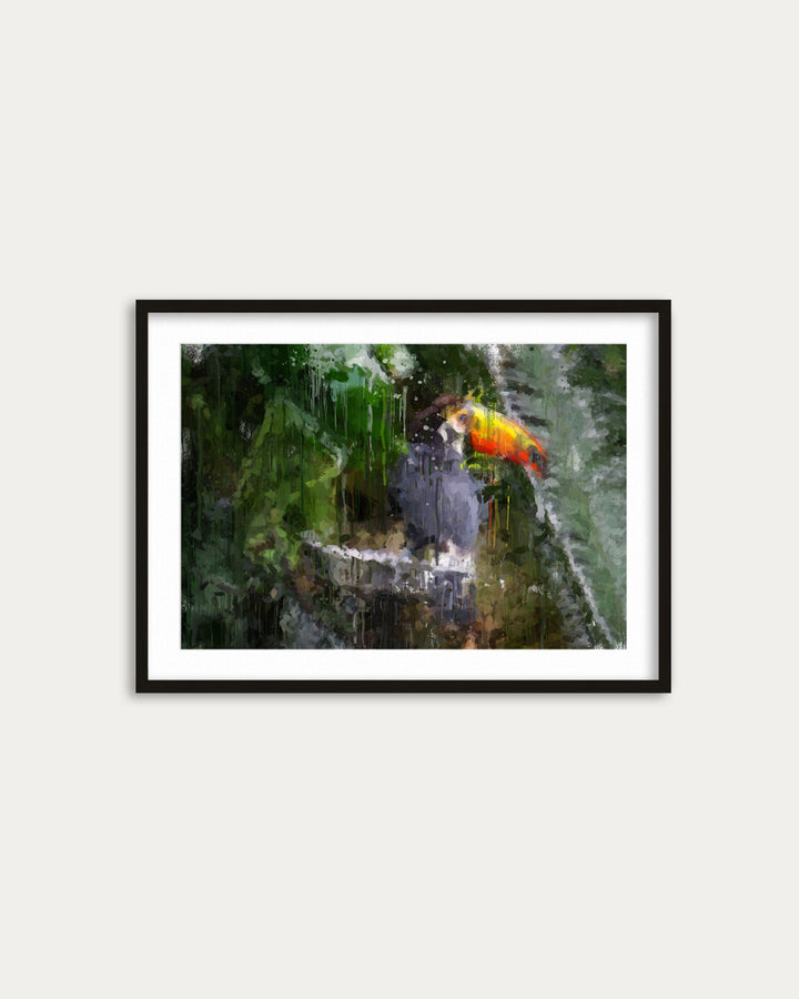 Framed artwork of a colorful parrot on a branch with green foliage.