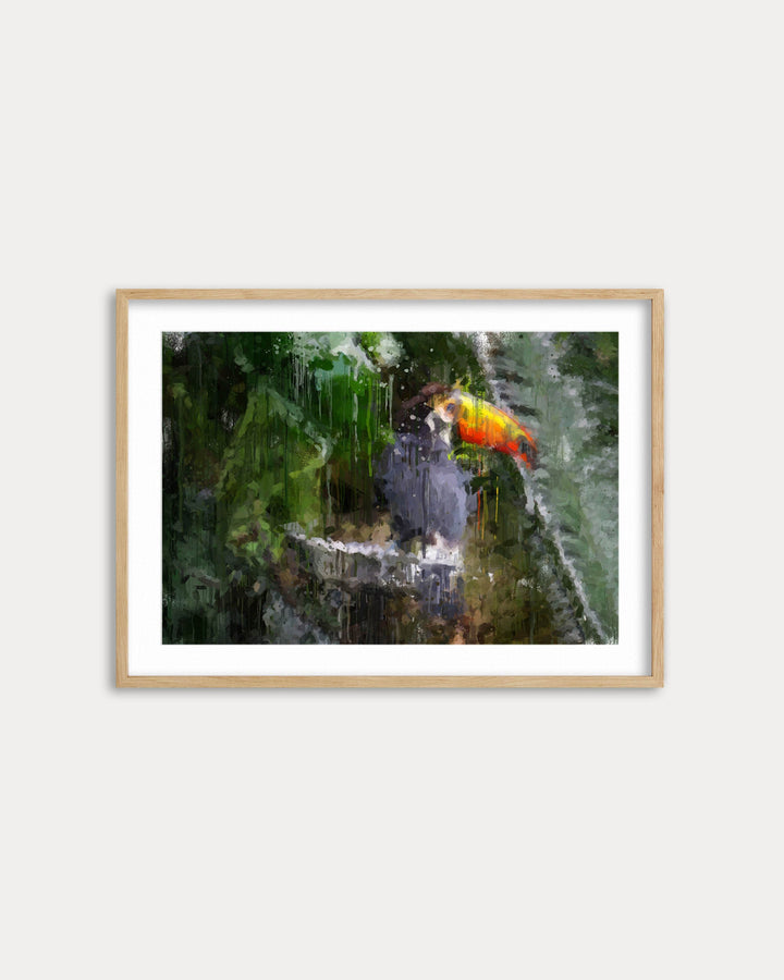 Framed photograph of a colorful parrot perched on a branch with a natural background.