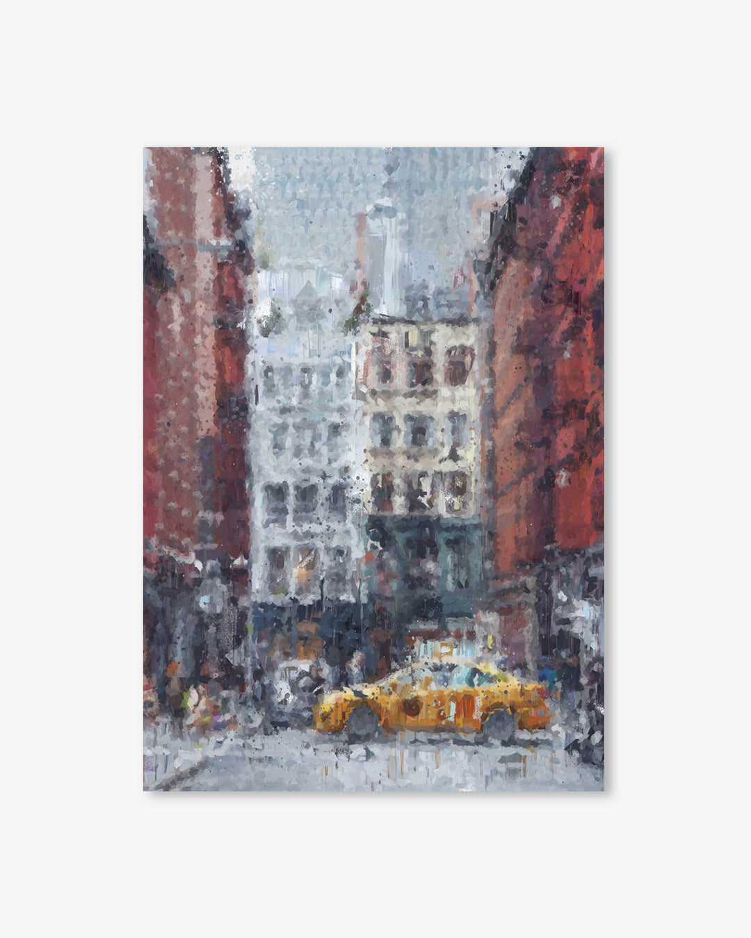 Painting of a snowy city street with a yellow taxi cab