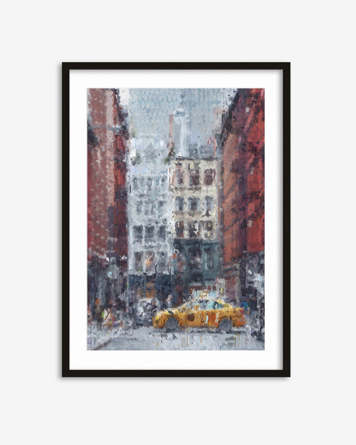 Framed painting of a city street with a yellow taxi, buildings, and snow.